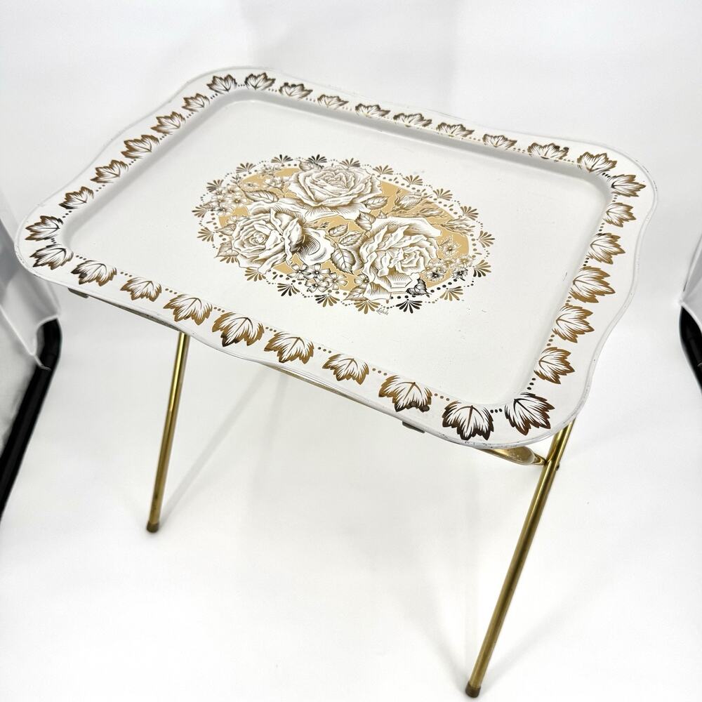 Vintage 1960s Floral TV Tray Folding Snack Table Gold White Roses MCM Single